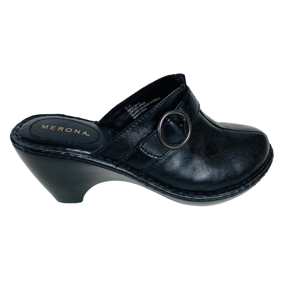 Merona Black Leather Slip-On Wedge Clogs Womens Size 9.5 Featuring Buckle Detail
